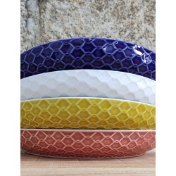 Pack de cuatro platos bol de la colección rede, uno de cada color: blanco, azul cobalto, rosa teja y mostaza.